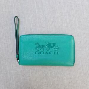 Coach Green Embossed Studded Embellished Zip Around Fan Out Wallet